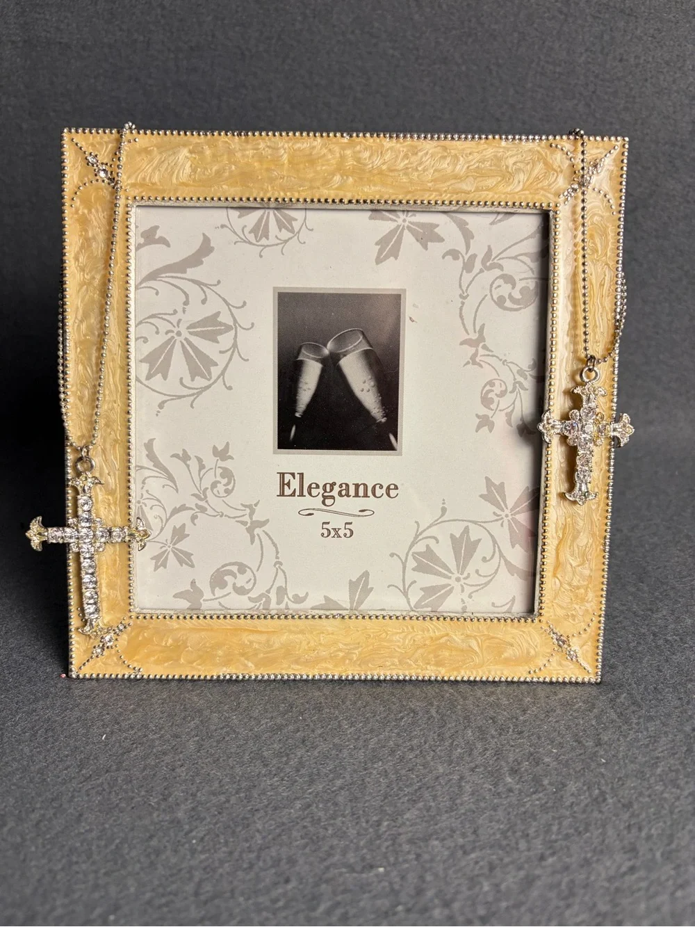 5x5 Photo Frame, Yellow Enameled Metal W/ Rhinestones Crosses On Chain Religious